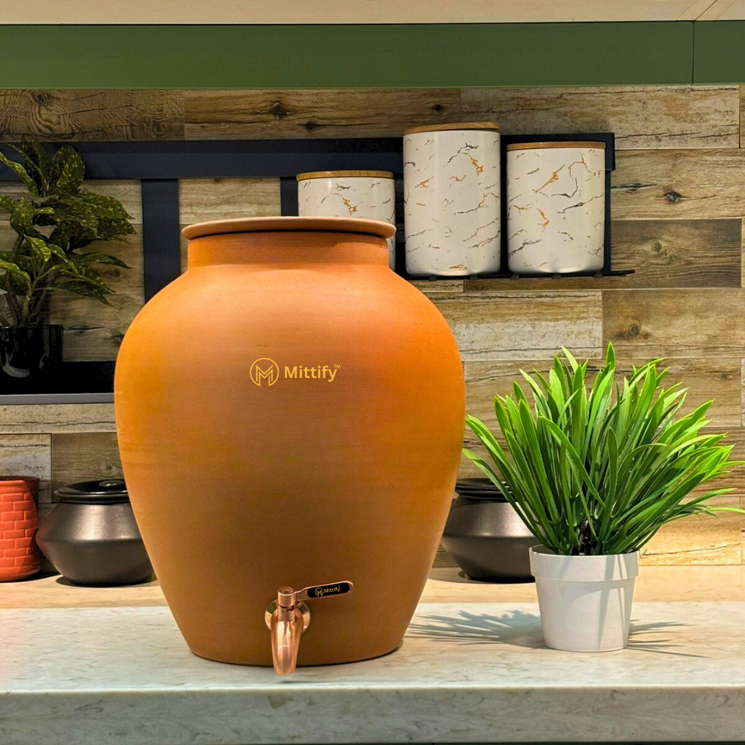 Mittify Terracotta Plain Red Clay Medium Neck Clay Water Pot 11 Litre | Metal Tap - Image 4