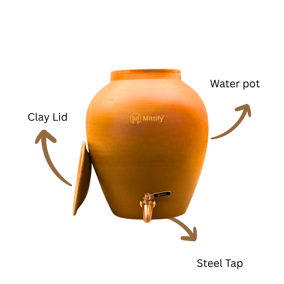 Mittify Terracotta Plain Red Clay Medium Neck Clay Water Pot 11 Litre | Metal Tap - Image 6