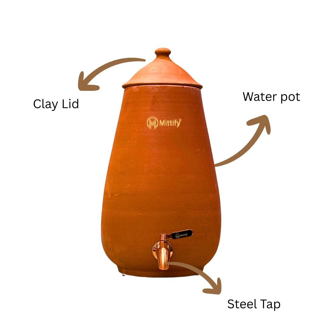 Mittify Plain Cone Shape Clay Water Pot 13 Litre capacity | Stainless Steel Tap - Image 3