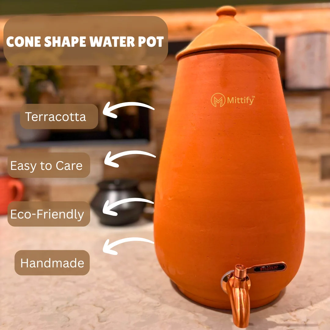 Mittify Plain Cone Shape Clay Water Pot 13 Litre capacity | Stainless Steel Tap - Image 6