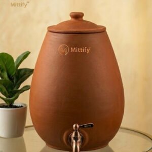 Mittify Cone Shape Clay Water Pot | Terracotta Matka with Steel Tap & Lid Capcity 5 Liters