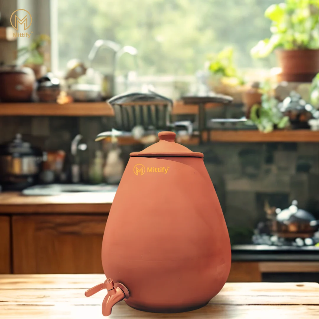 Mittify Cone Shape Clay Water Pot | Terracotta Matka with Steel Tap & Lid Capcity 5 Liters